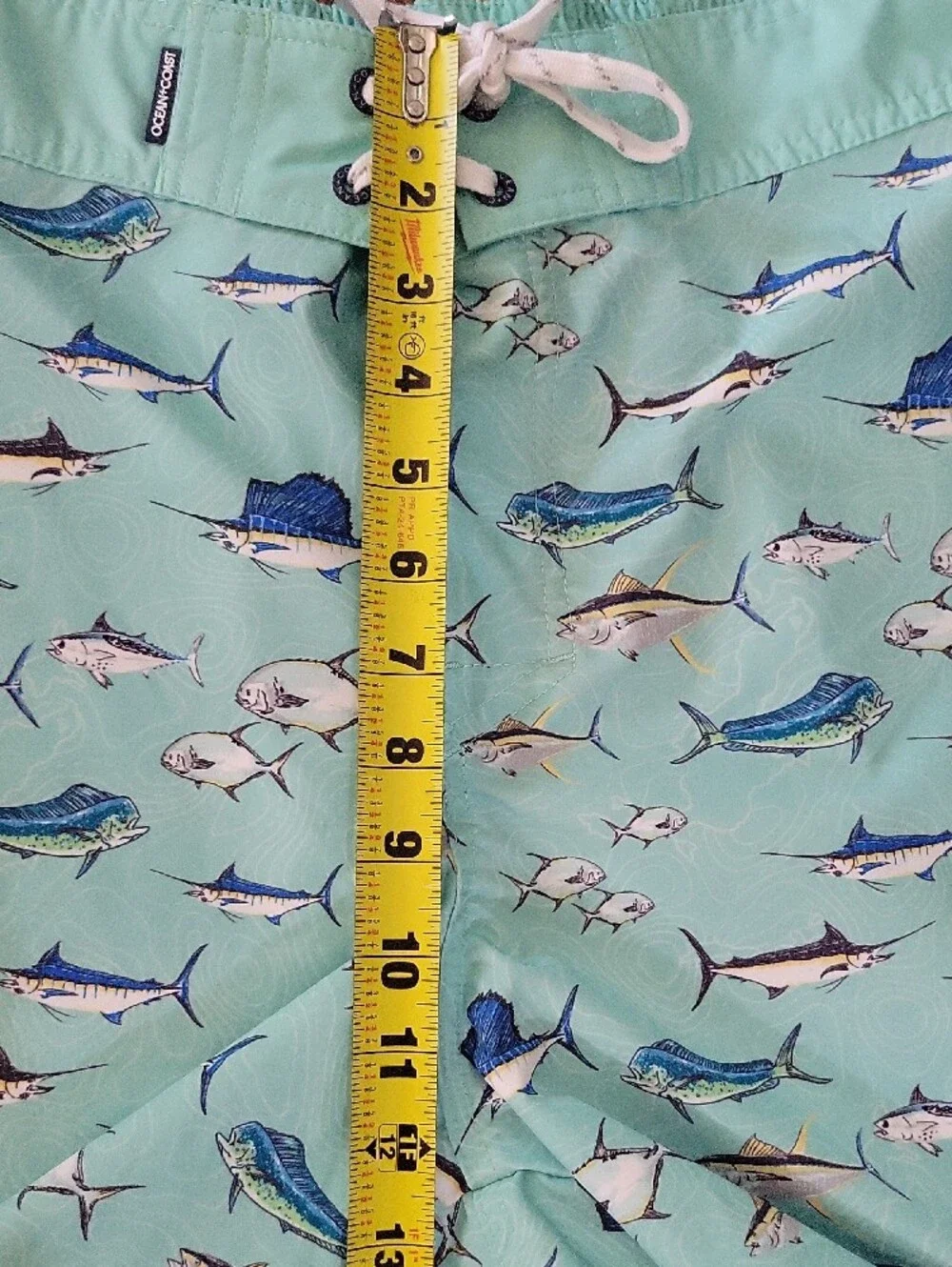 Ocean Coast Men's Mint Green Fish-Print Swim Board Shorts, Drawstring Waist Sz L